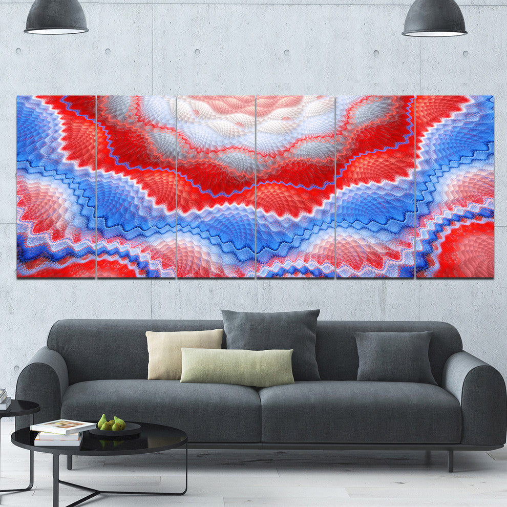 Red Blue Snake Skin Flower, Abstract Art on Canvas, 70"x28", 6 Panels