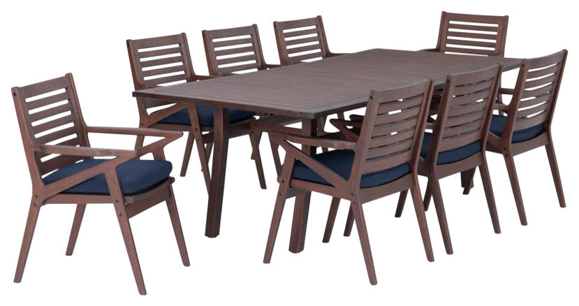 Vaughn 9 Piece Sunbrella Outdoor Patio Dining Set, Navy Blue