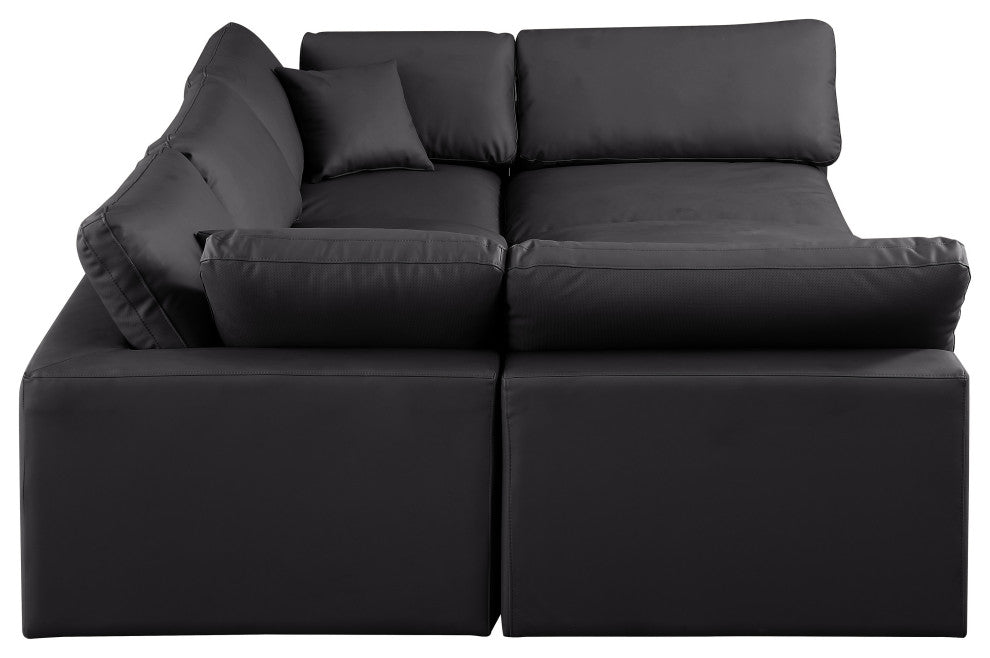Comfy Upholstered U-Shaped Modular Sectional, Black, 6-Piece: 3 Armless Chair, 2 Corner Chair, 1 Ottoman, Vegan Leather