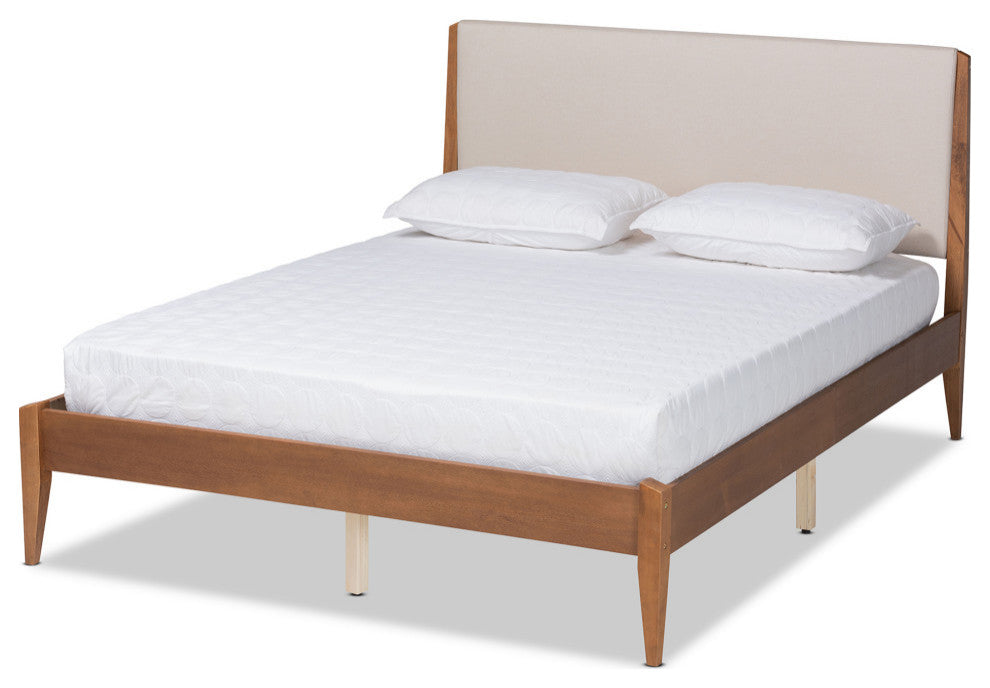 Amara Mid-Century Modern Fabric Upholstered Platform Bed, Queen, Beige