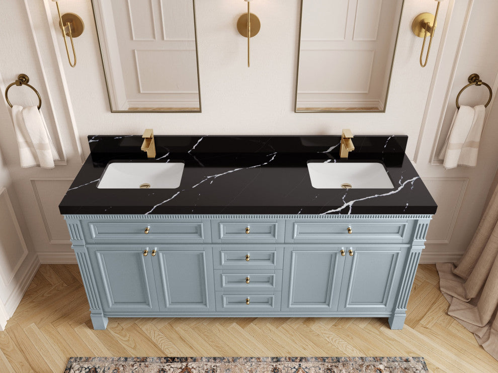 Paris 72" Double Sink Bathroom Vanity, Blue Heather 2" Calacatta Black
