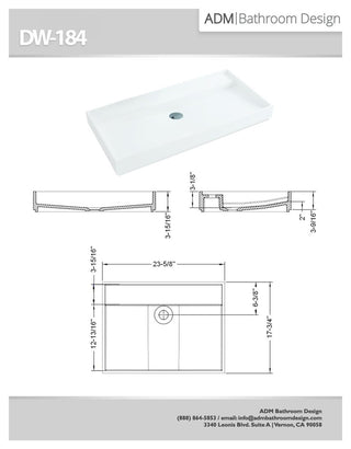 ADM Rectangular Countertop Sink, White, 24", Matte White