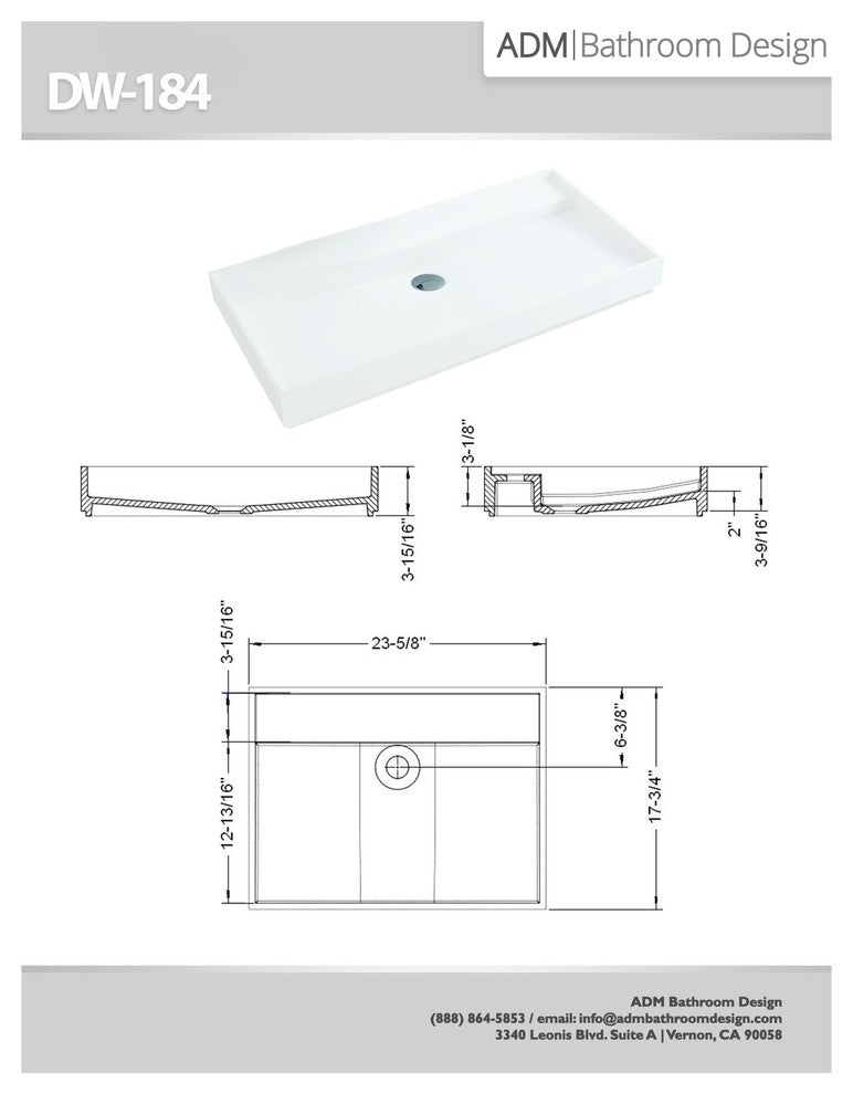 ADM Rectangular Countertop Sink, White, 24", Matte White