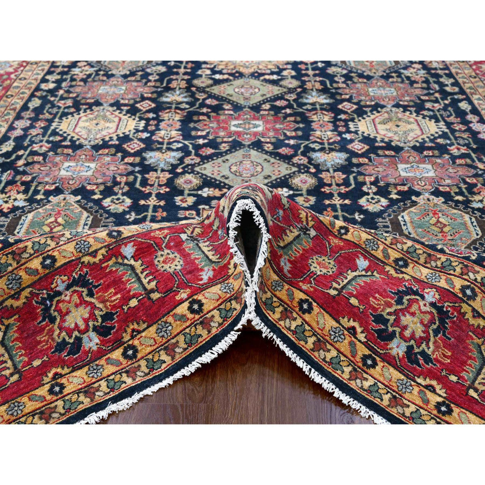 Carbon Black Wool Karajeh With All Over Pattern Hand Knotted Rug, 9'x11'11"