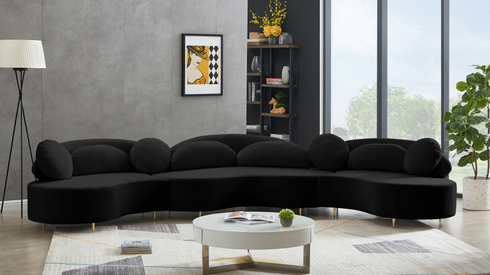 Vivacious Velvet Upholstered 3-Piece Sectional, Black