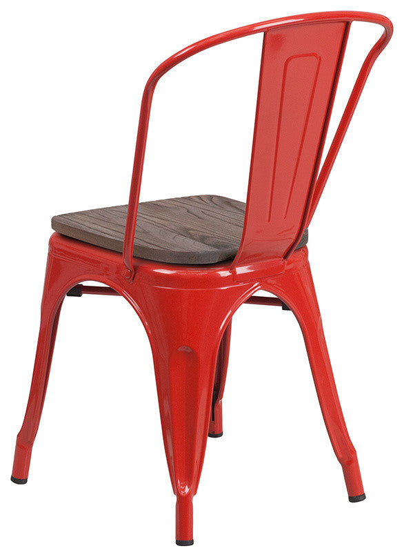 Red Metal Stackable Chair With Wood Seat