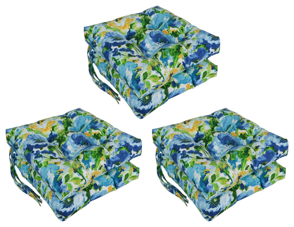 16" Patterned Outdoor Square Tufted Chair Cushions, Set of 6, Lesandra Sunblue
