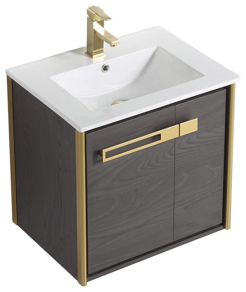 Oakville Wall Mount Bathroom Vanity, Black Coal Oak, 24", Satin Brass Hardware