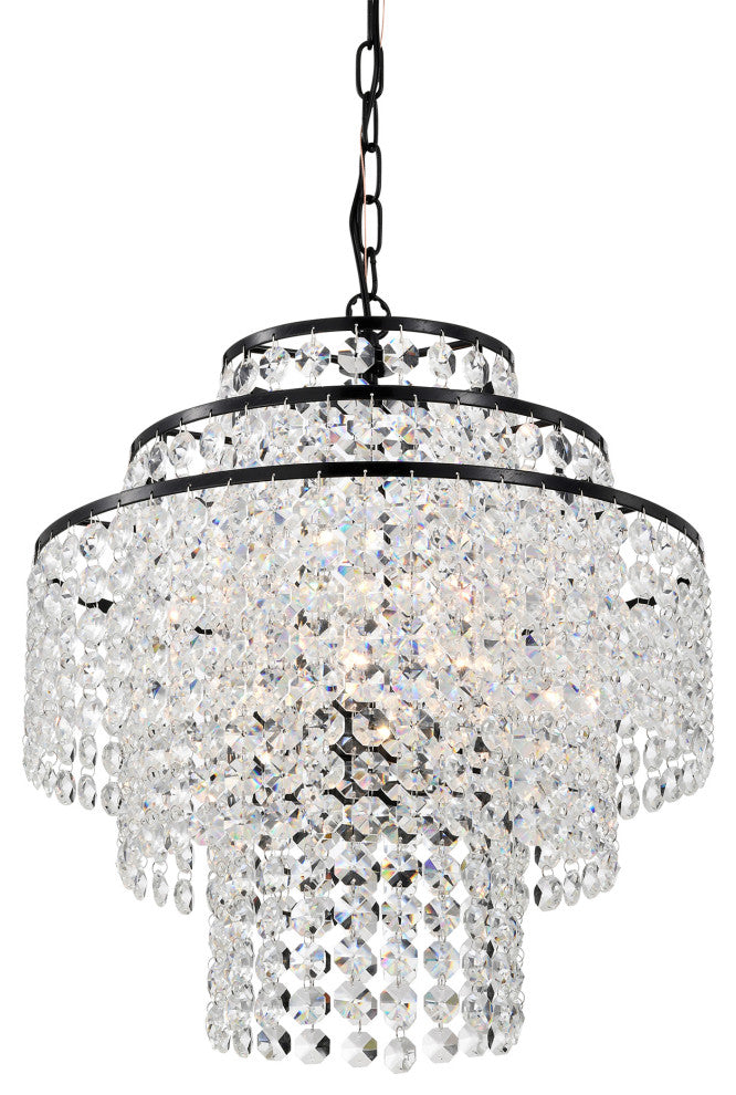 4-Light Antique Black Modern Glam Chandelier With Tier Cascading Crystals