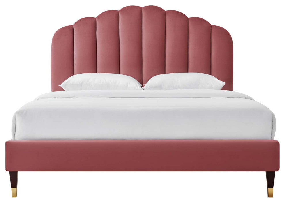 Platform Bed Frame, Queen Size, Pink, Velvet, Modern, Bedroom Guest Suite