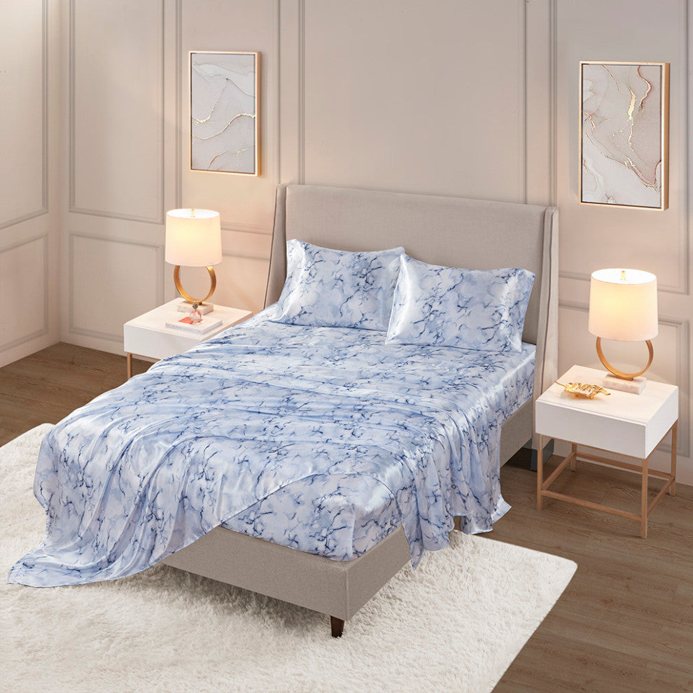 Madison Park Essentials Printed Satin Sheet Set, Queen Blue Marble