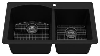 Karran Drop-In Quartz 33" 1-Hole 60/40 Double Bowl Sink Kit, Black