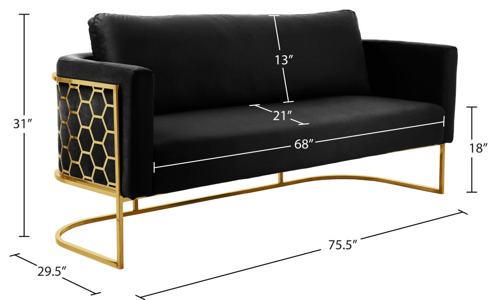 Casa Velvet Upholstered Sofa, Black, Gold Finish