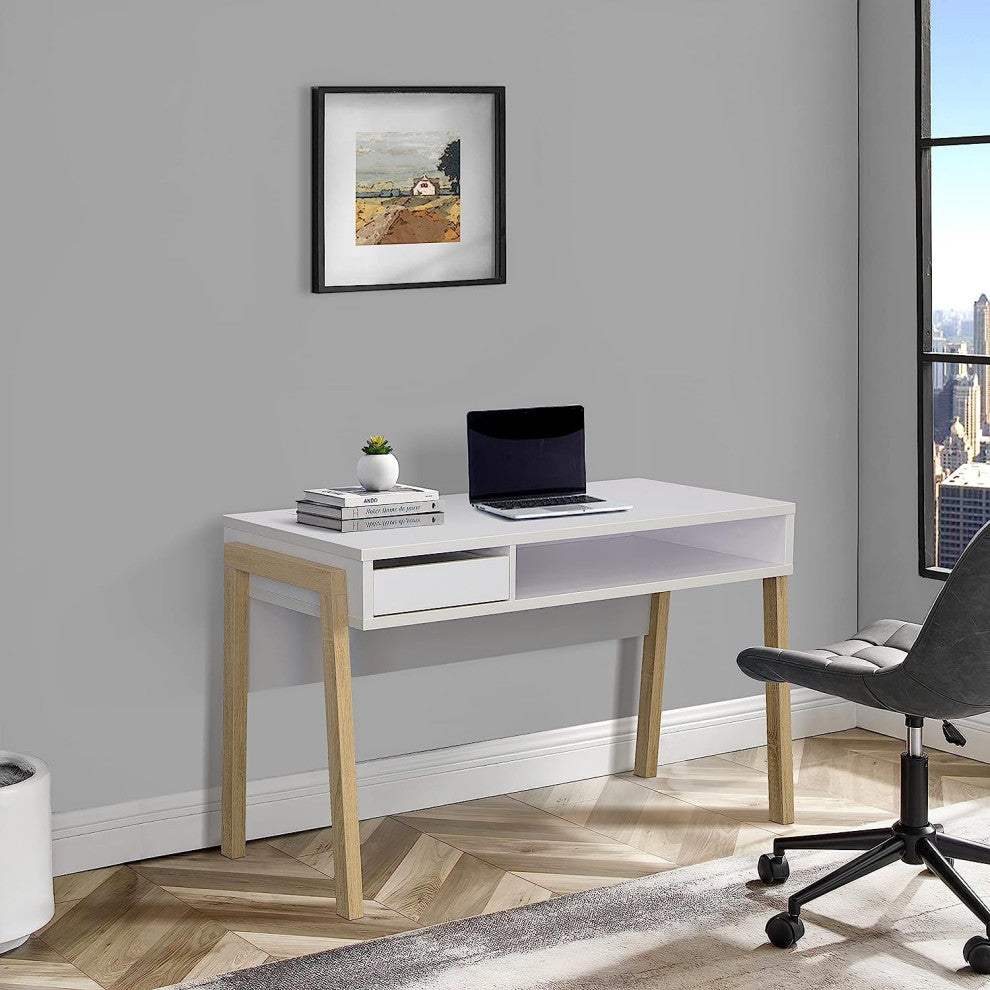 Benzara BM148830 Contemporary Style Desk With Open Storage Shelf, White & brown