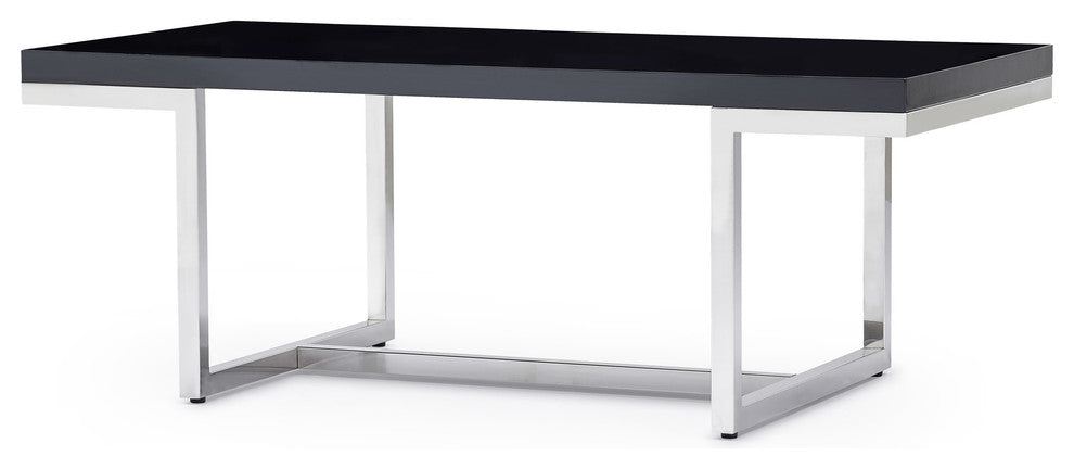 Modern Straz Coffee Table Glossy Black Lacquer Top Polished Stainless-Steel Base