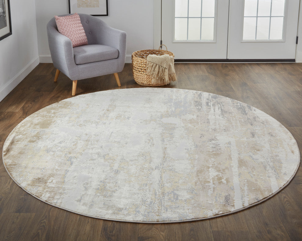Weave & Wander Frida Distressed Abstract Watercolor Rug, Gray/Beige, 7'9"x7'9" R