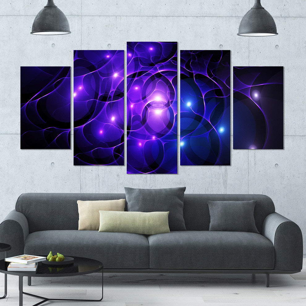 Blue Fractal Space Circles, Contemporary Canvas Art Print, 60"x32", 5 Panels