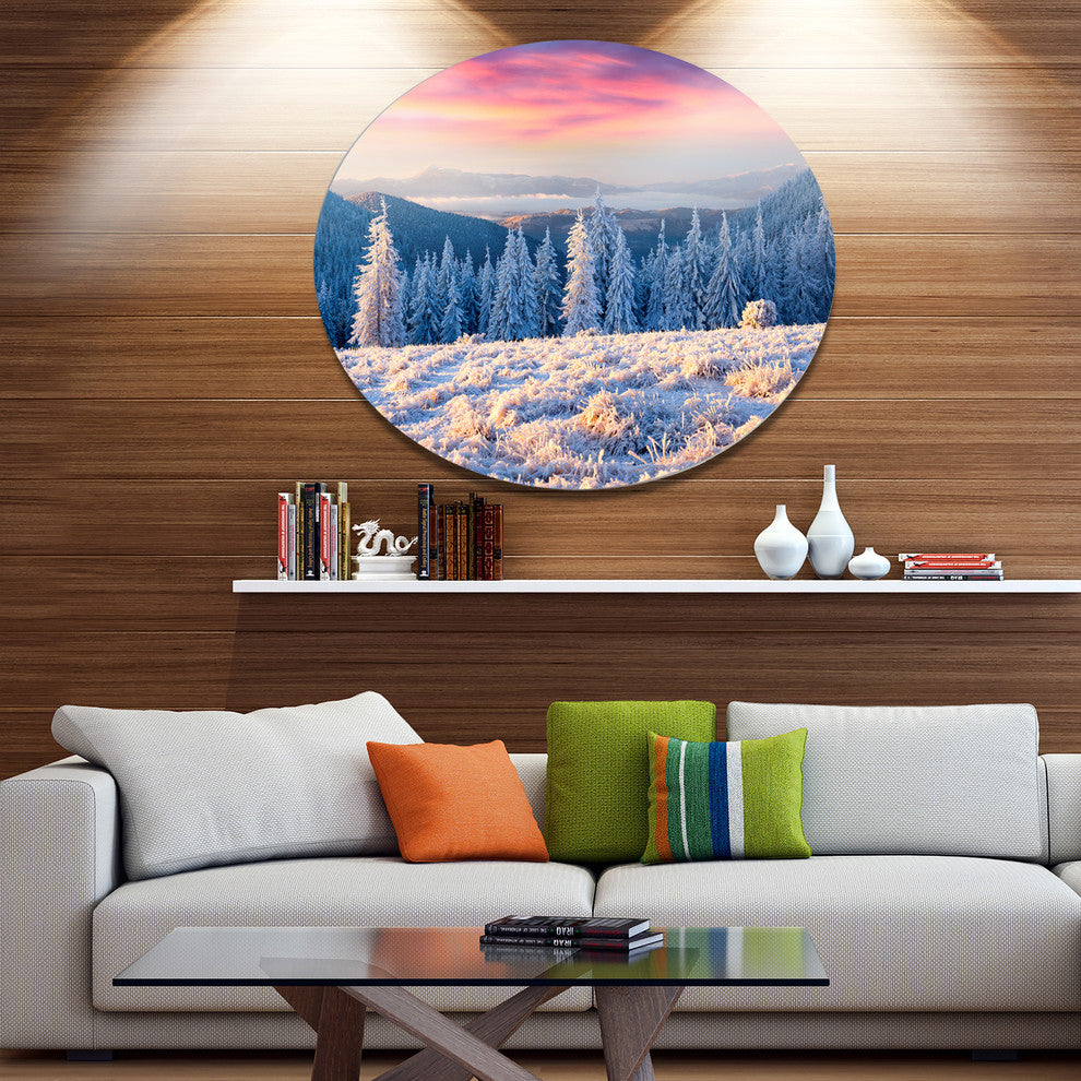 Amazing Winter Sunrise In Mountains, Landscape Round Metal Artwork, 36"