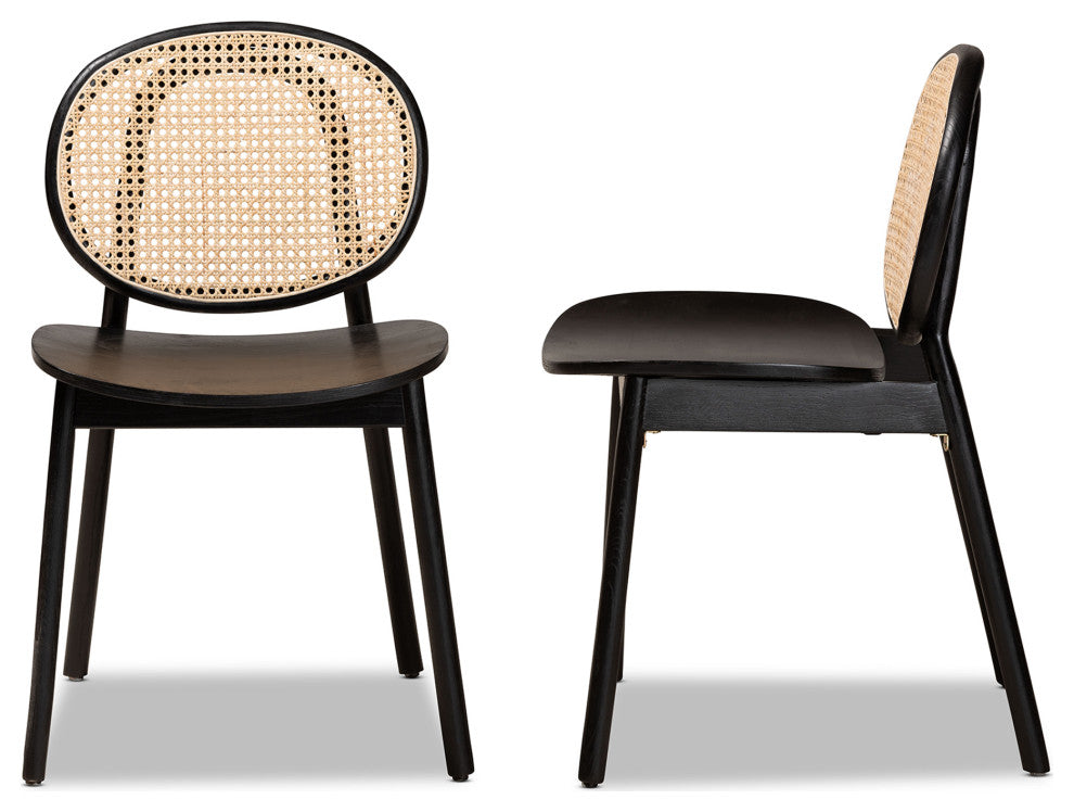 Halen Brown Woven Rattan and Black Wood Finished 2-Piece Cane Dining Chair Set