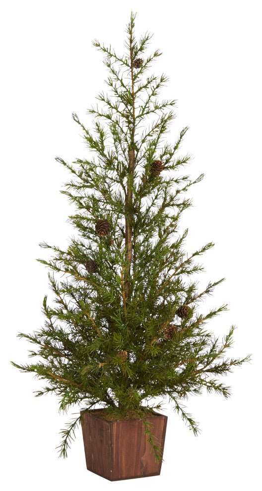 3'' Alpine Natural Look Artificial Christmas Tree, Wood Planter With Pine Cones