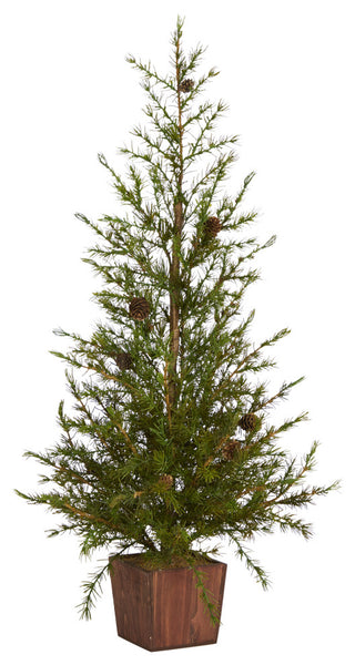 3' Alpine Natural Look Artificial Christmas Tree, Wood Planter With Pine Cones