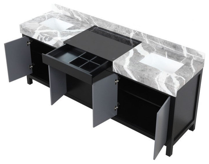 Zilara 84" Black and Grey Double Vanity, Castle Grey Marble Tops