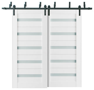 Frosted Glass Barn Bypass Doors 64 x 96, Quadro 4445 White, 6.6' Rail