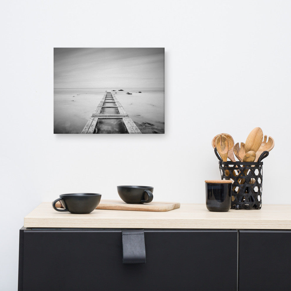 Moody Ocean & Sky Wooden Pier Black & White Landscape Photo Canvas Art Print, 12" X 16"