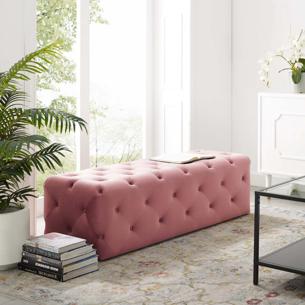 Tufted Accent Chair Bench, Velvet, Pink, Modern, Living Lounge Hotel Hospitality