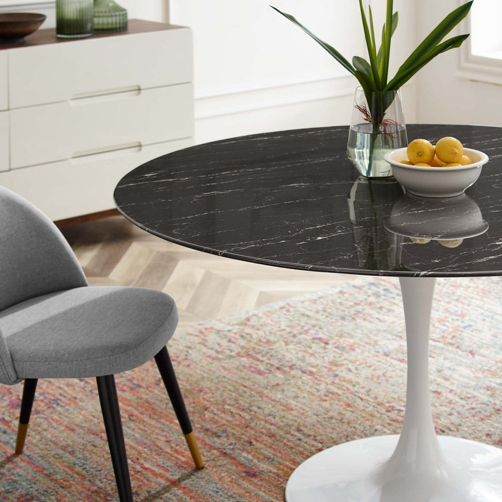 54" Dining Table, Round, Black White, Artificial Marble, Metal, Modern