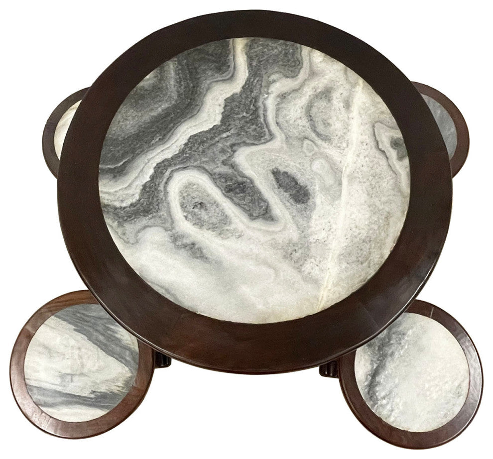 Consigned 20 Century Chinese Marble Top Hardwood Carved Round Dinning Table set