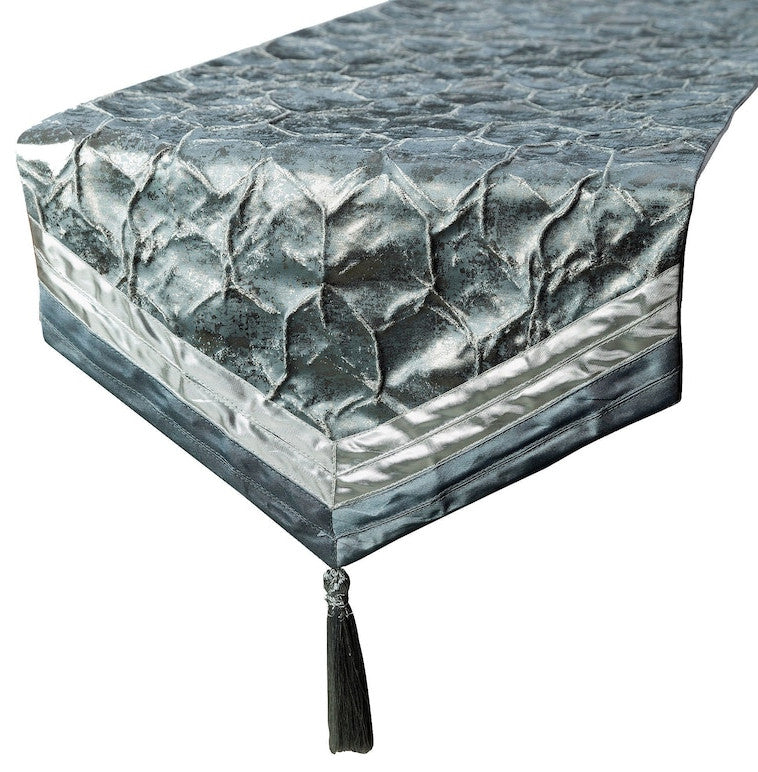 Table Runner Blue Jacquard Silk, Beaded, Foil Tassels - Hexagonal Foil