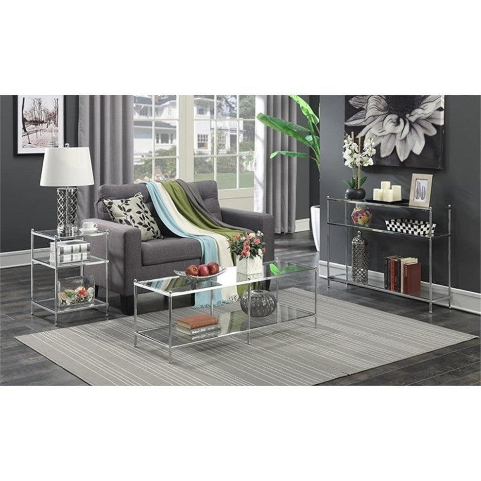 Pemberly Row Modern 3-Tier Console Table in Clear Glass and Chrome