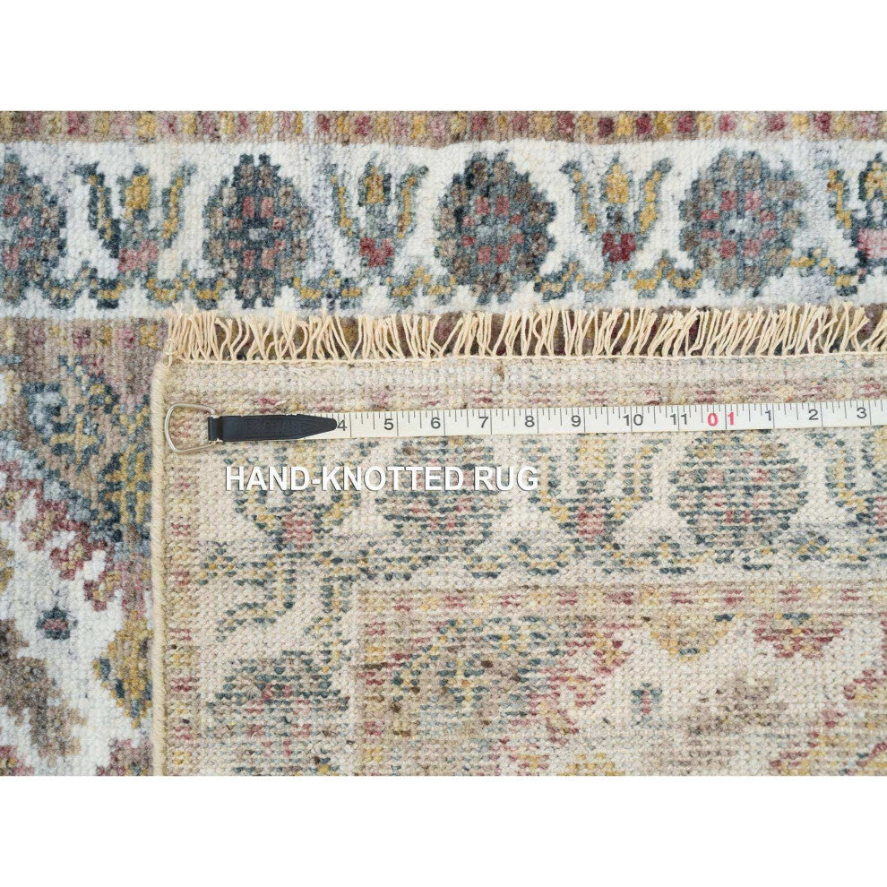 Ivory Wool Hand Knotted Flower Rosettes Border XL Runner Oriental Rug 2'7"x18'