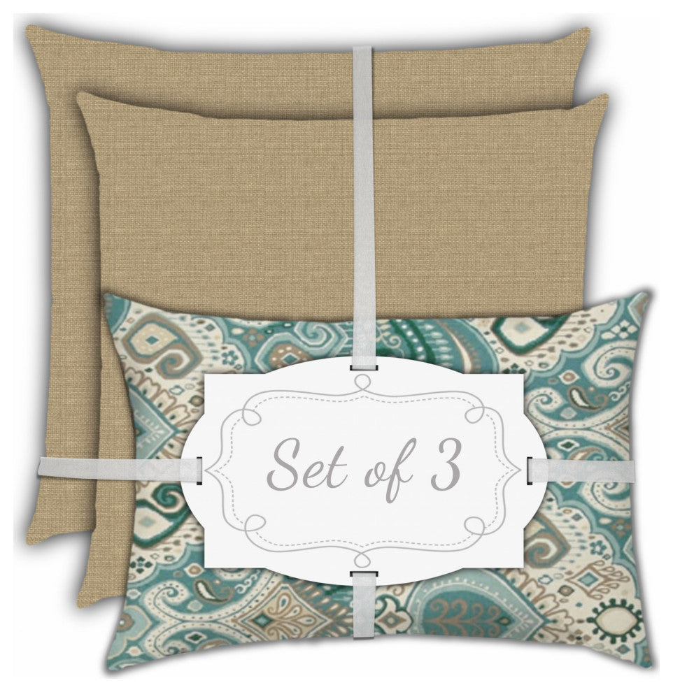 3-Piece Set Brown Ornate Indoor Outdoor Zippered Pillows