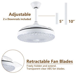 42" Crystal Retractable Ceiling Fan with 6-SPEED, LED light and Remote, White