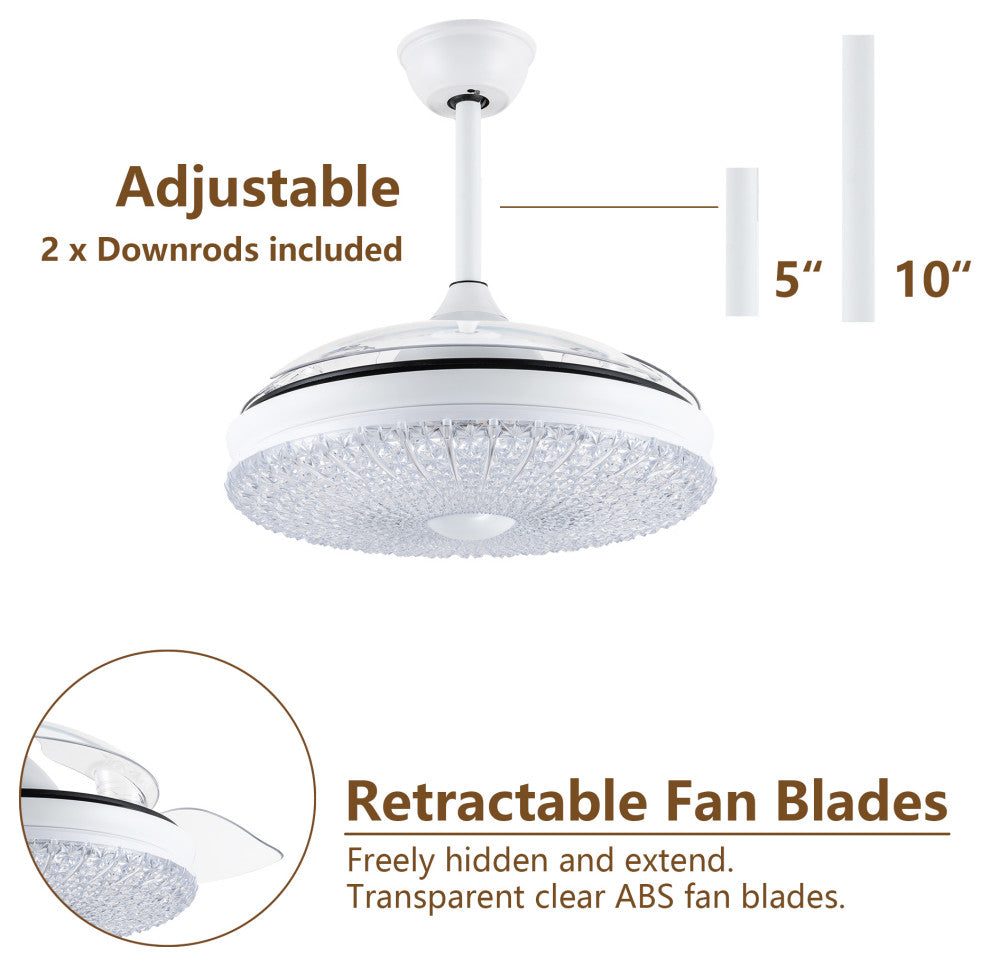 42" Crystal Retractable Ceiling Fan with 6-SPEED, LED light and Remote, White
