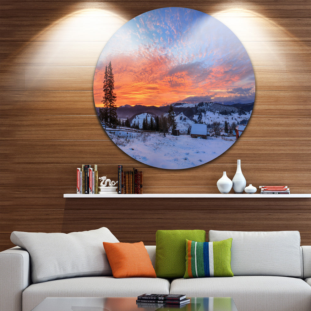 Snowy Colorful Dawn In Mountains, Landscape Round Wall Art, 23"