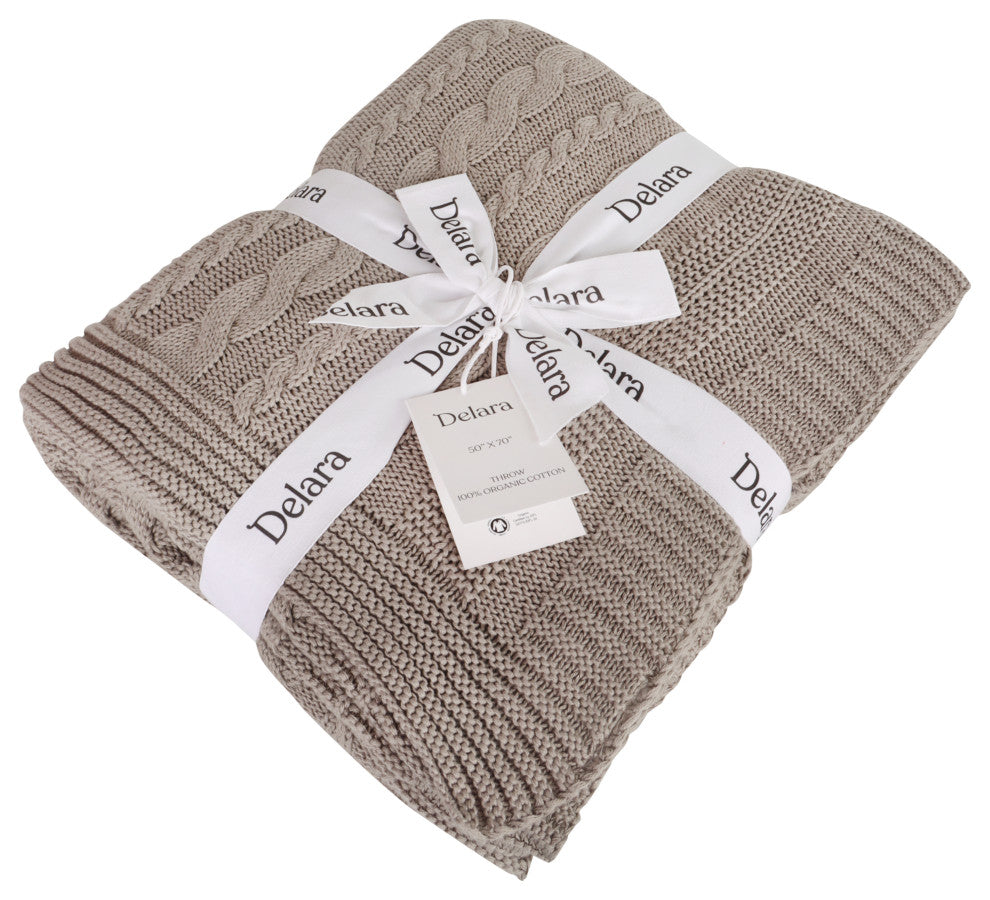 Delara GOTS Certified Organic Cotton Throw Blanket 50x70 inches, Light Gray