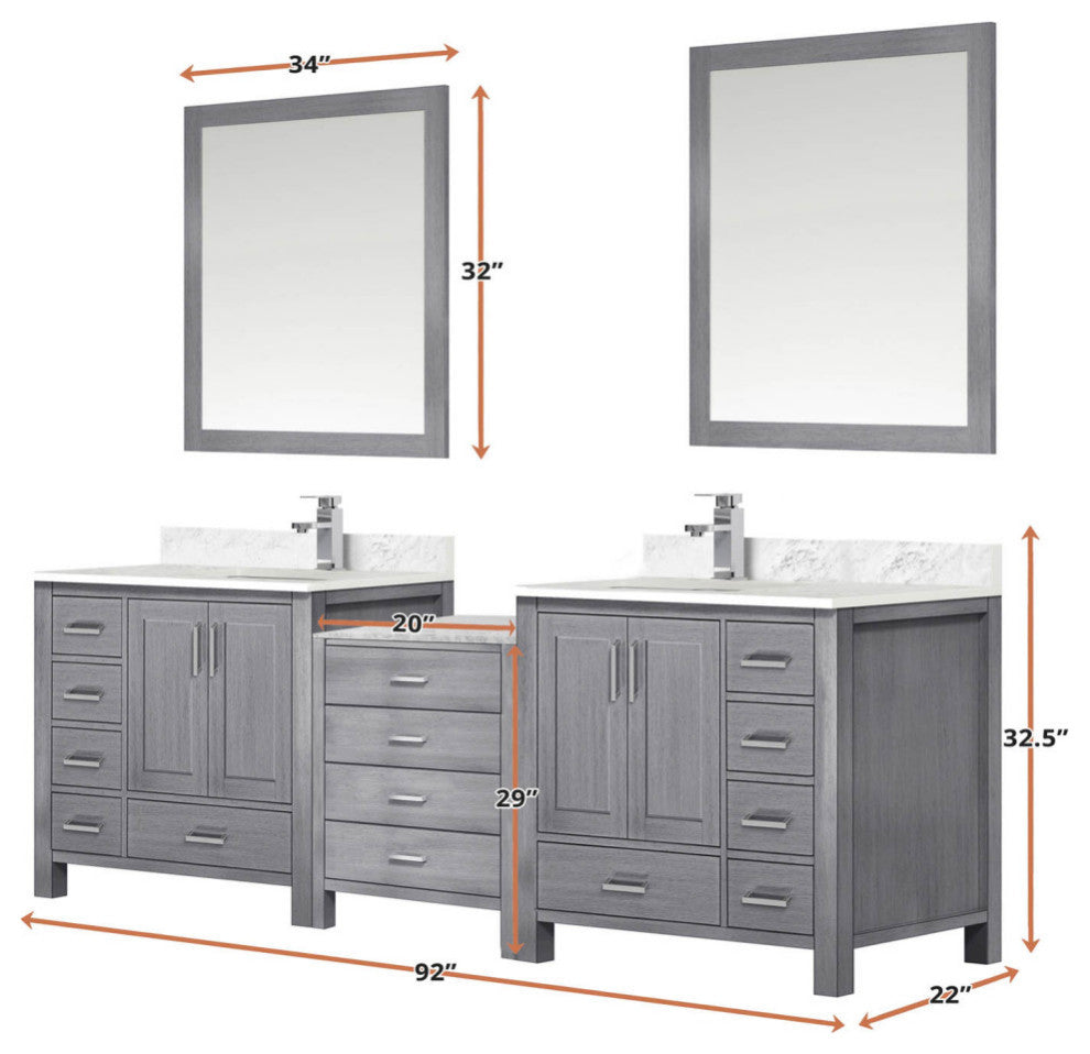 Lexora Coraline Double Bath Vanity Distressed Gray 92 With Countertop & Mirror