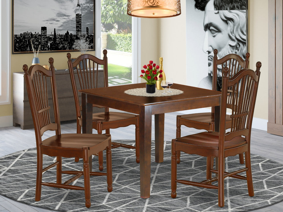 5Pc Square 36" Dinner Table And Four Wood Seat Kitchen Chairs