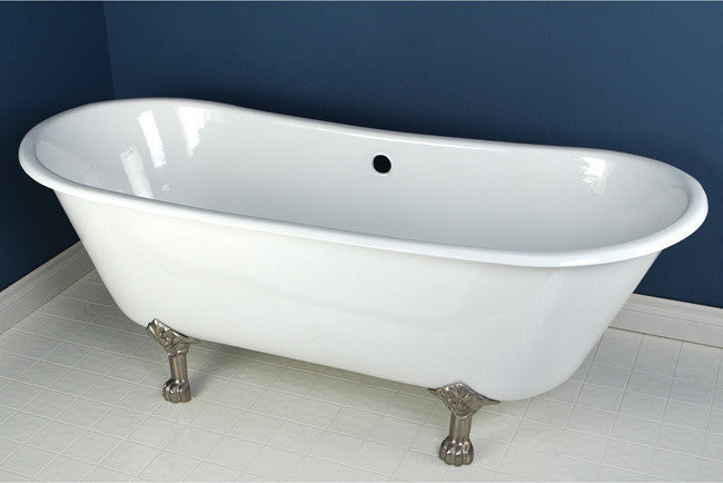67" Double Slipper Clawfoot Tub No Faucet Drillings, White/Brushed Nickel