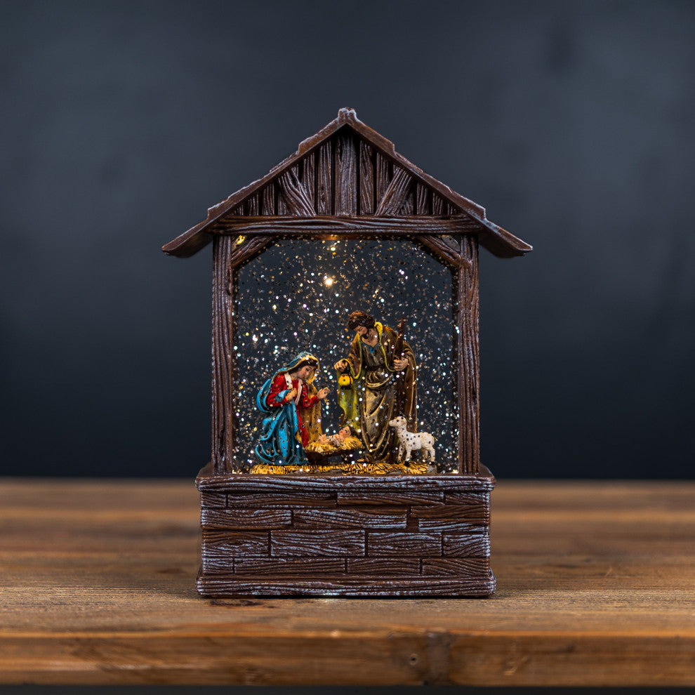 LED Snow Globe Nativity Barn 8.25"H