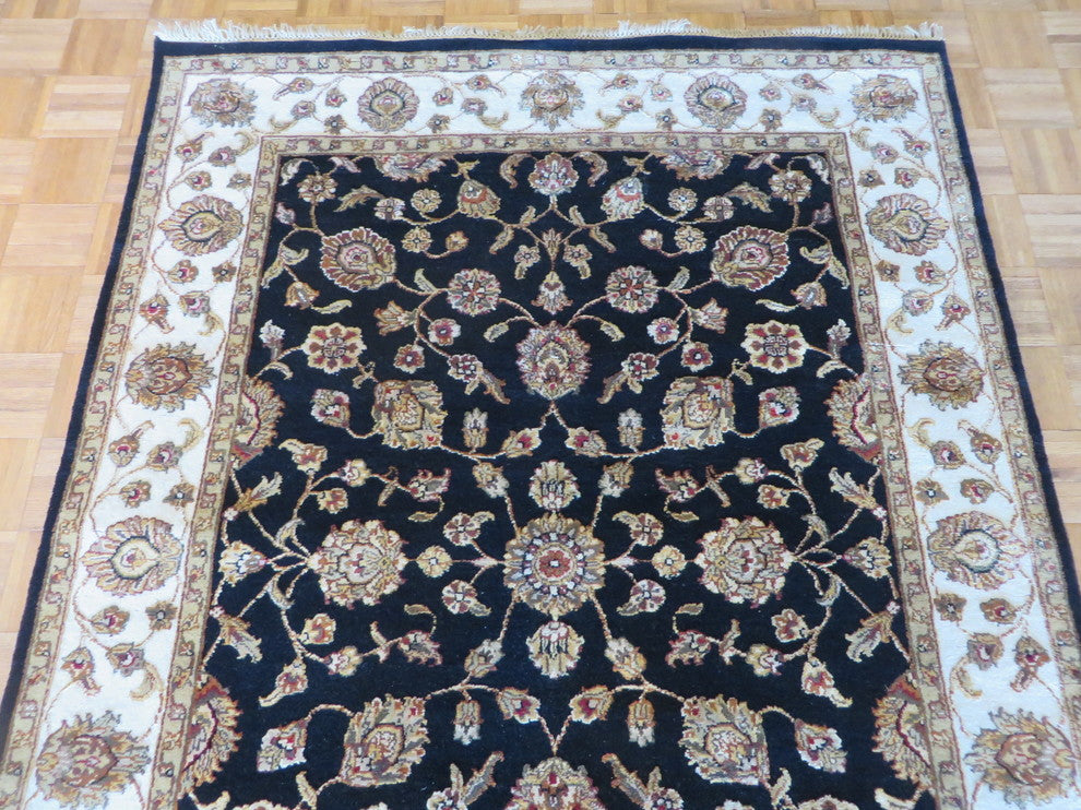 5x7 Hand Knotted Black Agra With Silk Oriental Rug