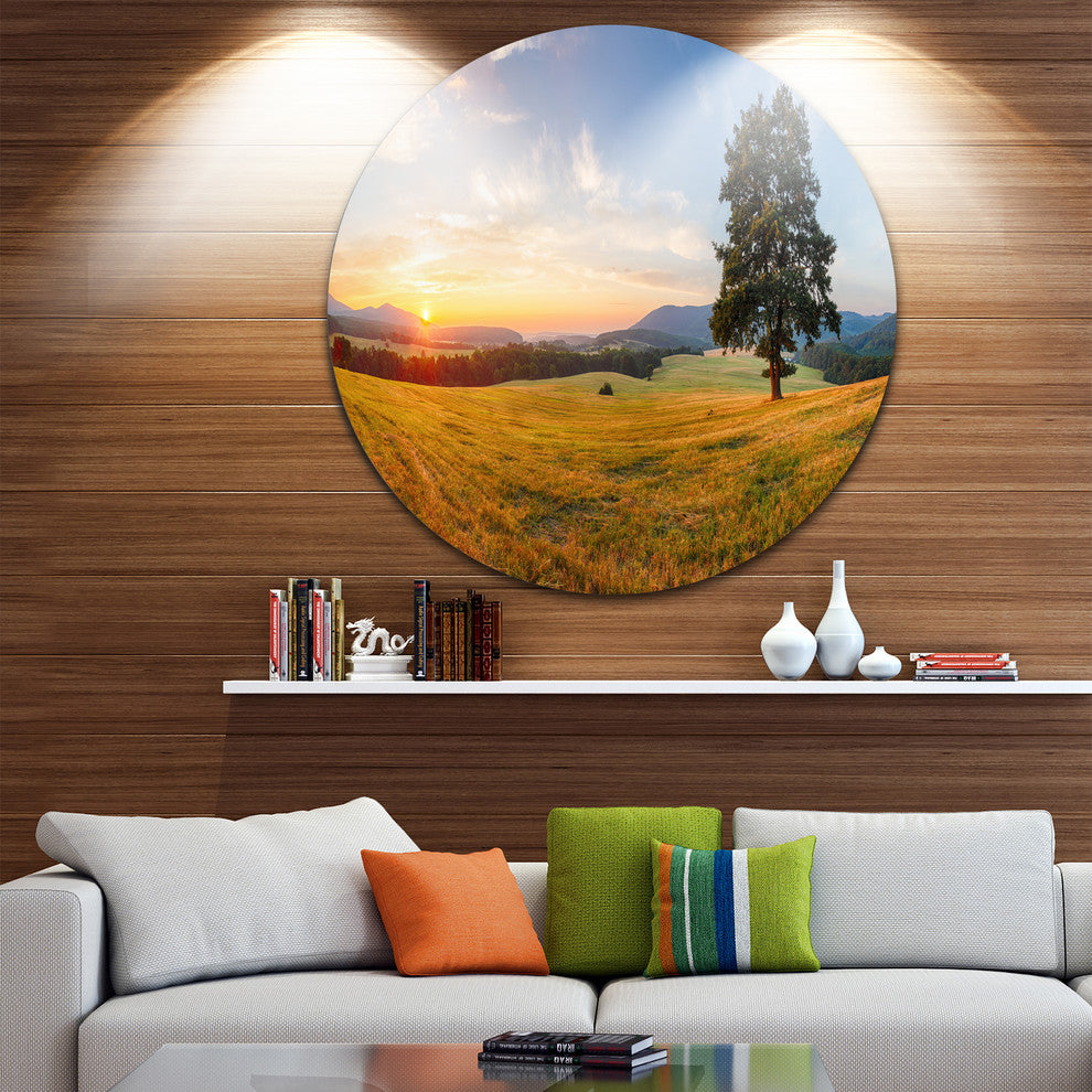 Lonely Tree On Meadow At Sunset, Landscape Photo Round Wall Art, 36"