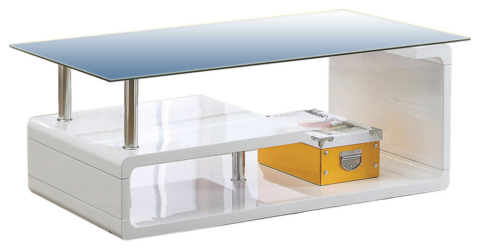 Benzara Contemporary Coffee Table with Multi Level Curled Open Shelf, White