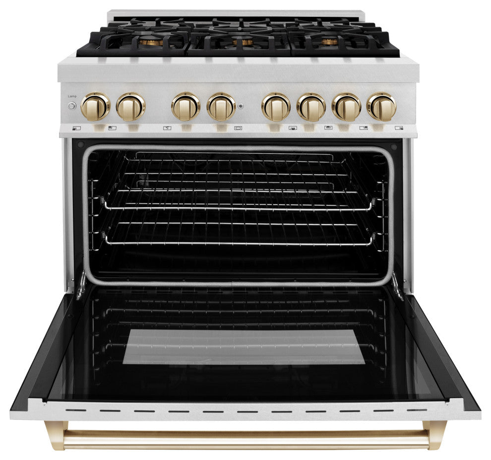 ZLINE 36" Dual Fuel Range, DuraSnow With Gold Accents RASZ-SN-36-G