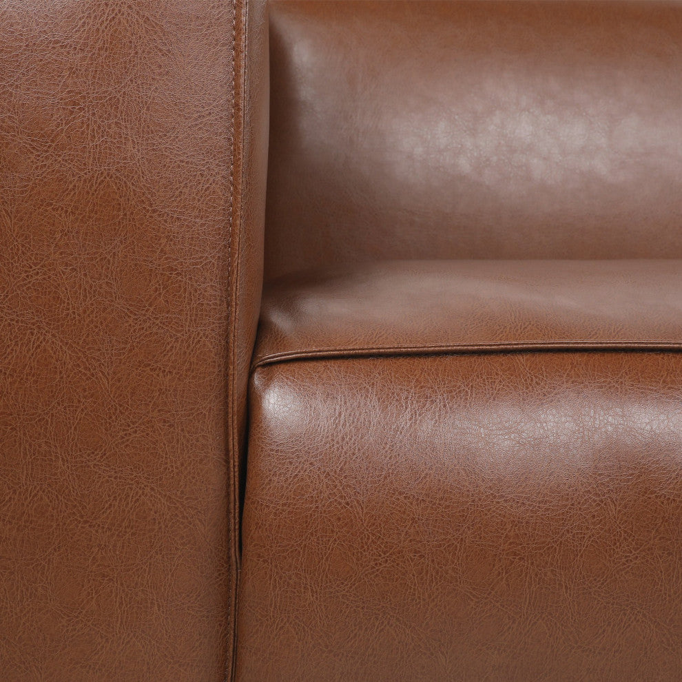Contemporary Sofa, Faux Leather Upholstered Seat With Tuxedo Arms, Cognac Brown