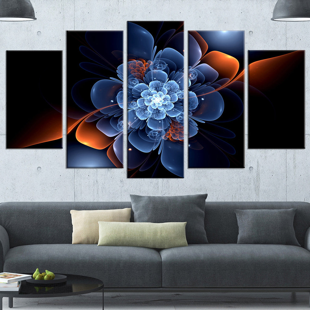 Fractal Flower with Orange Flame, Floral Canvas Art Print, 60"x32", 5 Panels
