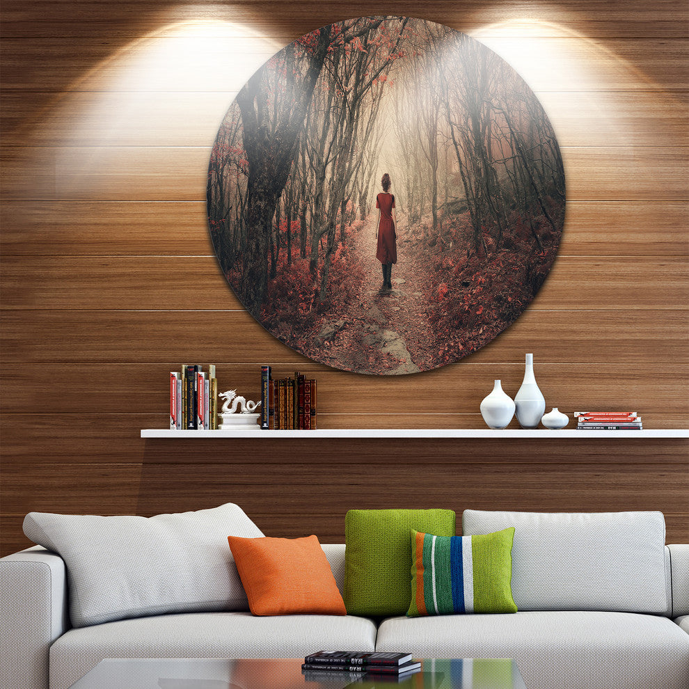 Woman In Frosty Forest, Landscape Photo Disc Metal Wall Art, 11"